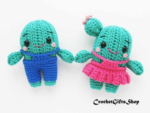Set Crochet Pattern Cute Amigurumi Cactus in Overalls