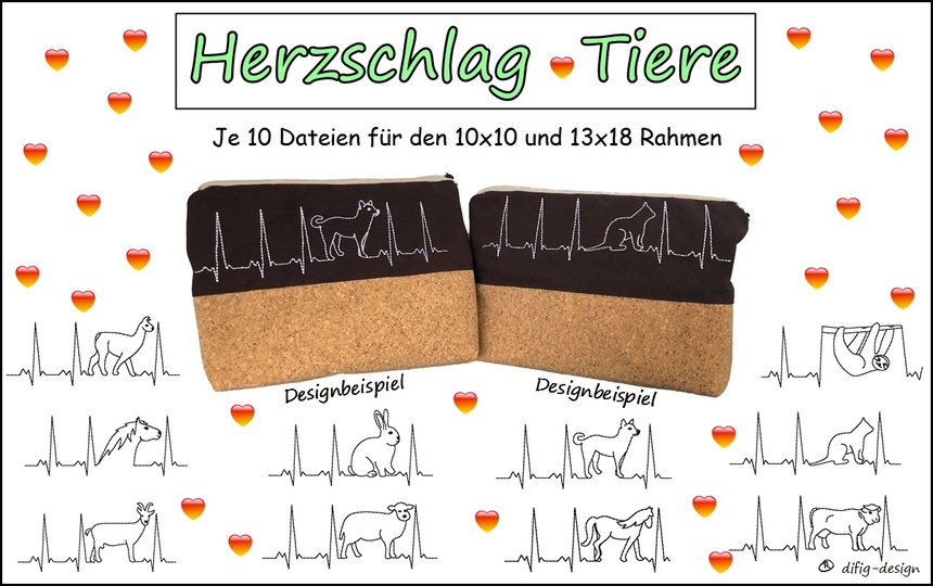 Stickdateien-Set Herzschlag Tiere für den 10x10 und 13x18 Rahmen