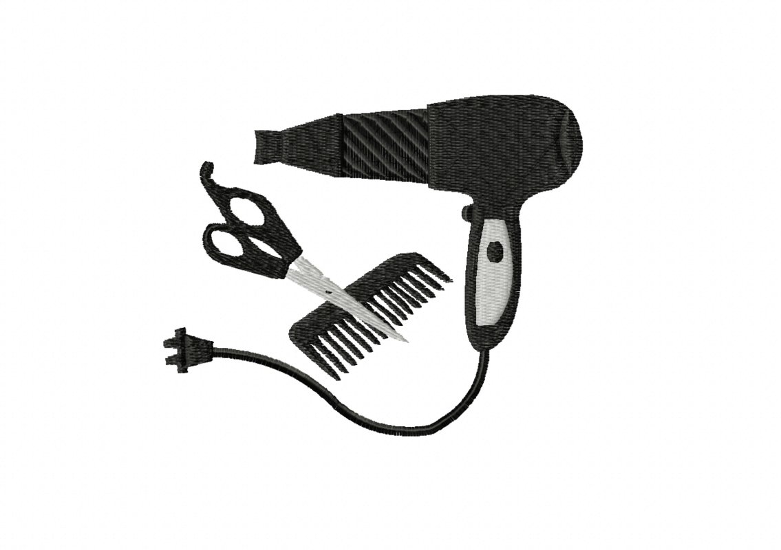 Stickdatei Friseur, zwei Größen, Rahmen 10 cm x 10 cm, Fön, Schere, Kamm