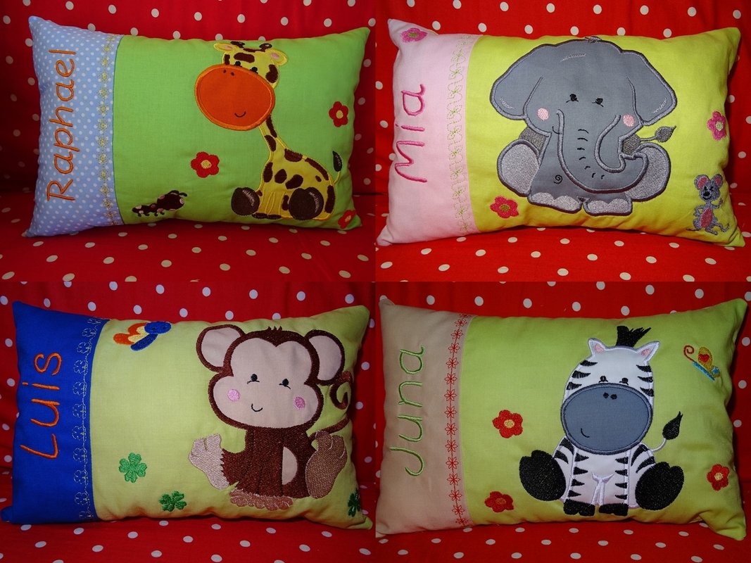 Affe Giraffe Elefant und Zebra Tiere Kissen ITH Stickdatei