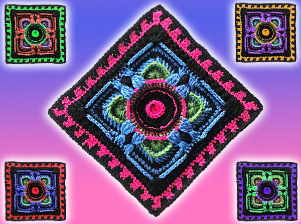 Gehäkeltes Quadrat mit buntem Blumenmittelteil und schwarzem Kontrastrand, umgeben von weiteren bunten Quadraten