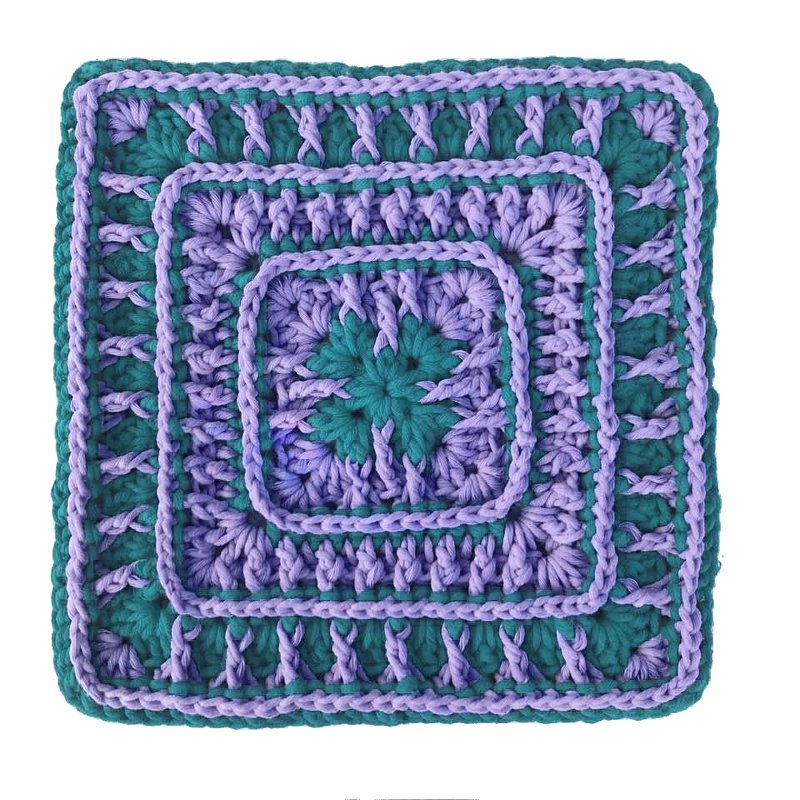 Gehäkeltes Granny‑Square in Türkis und Lila mit X‑förmigem Muster