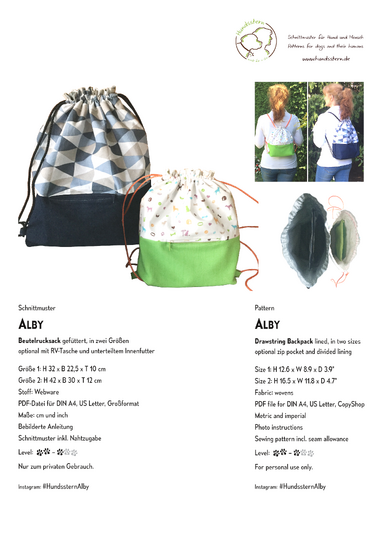 ALBY Beutelrucksack, gefüttert, 2 Größen. Nähanleitung+Schnitt