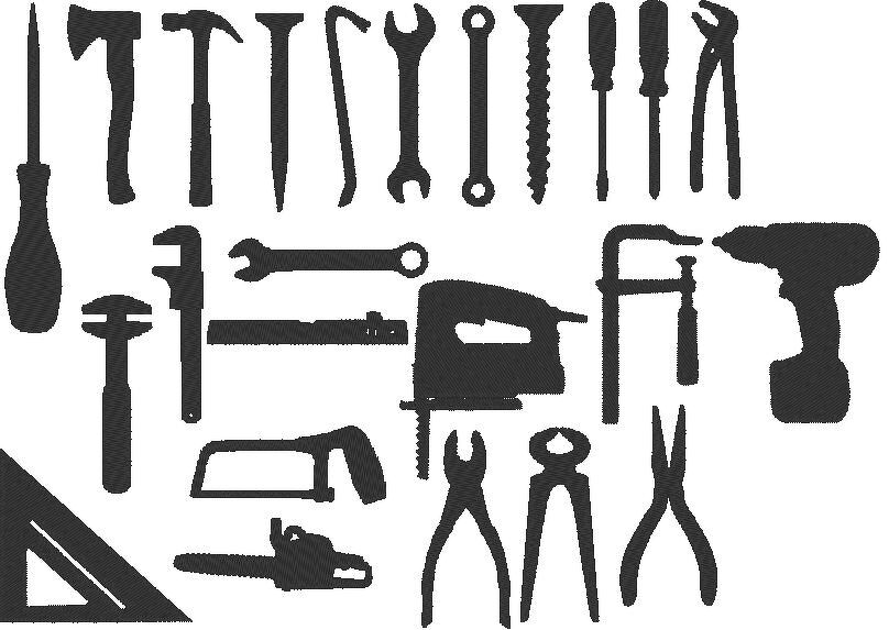 Schwarze Werkzeug‑Silhouetten als Stickmotive, z. B. Hammer, Schraubenzieher, Zange, Säge und Bohrmaschine