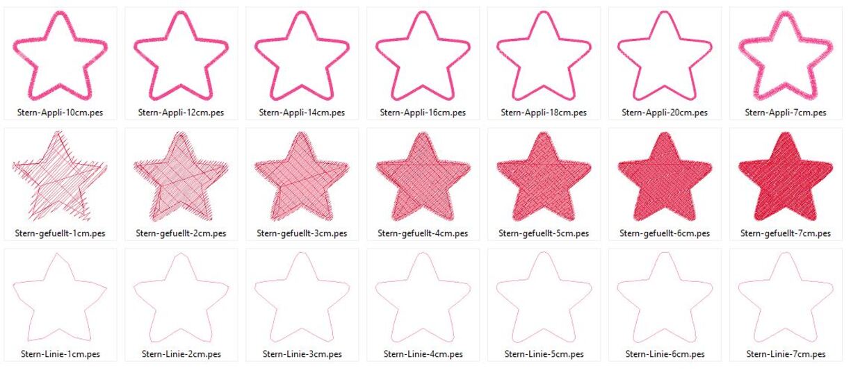 Stickdatei Stern gefüllt, als einfache Linie und für Stoffapplis