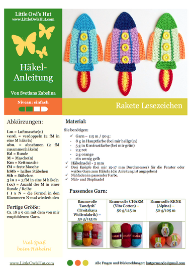 074DE Häkelanleitung Rakette Lesezeichen - Hausdeko PDF Zabelina CP