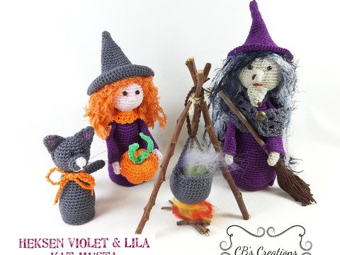 Halloween Hexen und Katze, Amigurumi Häkleanleitung, mit Kochtopf