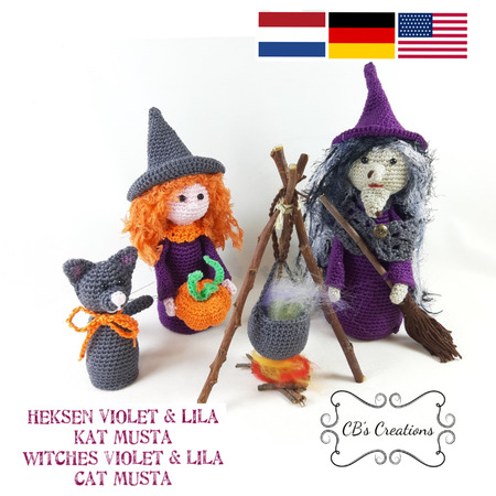 Halloween Witches and Cat, Amigurumi Crochet Pattern with cookingpot