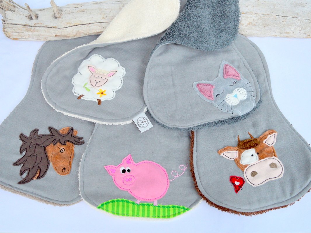 ITH Stickdatei Spucktuch Schulterspucktuch Bauernhof Tiere 18x30cm