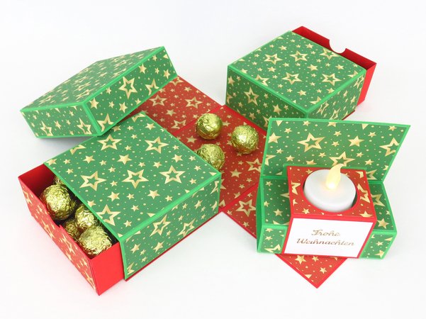 Weihnachtliche Explosionsbox mit Schubladen – Bastelvorlagen und Anleitung