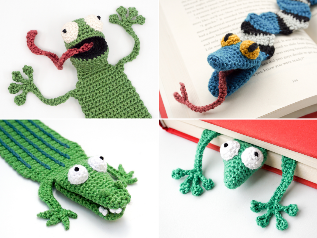 Four close-up photos of crocheted animal bookmarks: a green frog with a tongue and wide eyes, a blue striped snake tucked into a book, a green crocodile-style bookmark, and a frog-shaped bookmark peeking from a red book.