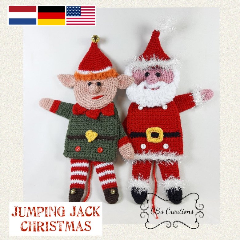 Two crocheted Christmas figures — Santa (red and white) and an elf (green and red) — with visible strings on a light background.