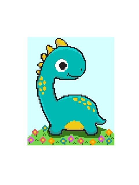 Pixelchart eines freundlichen Dinosauriers mit Blumenrand