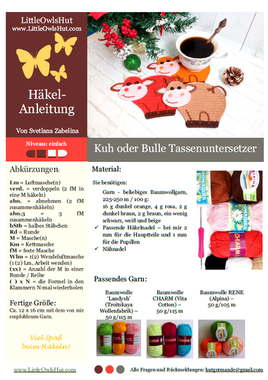 267DE Häkelanleitung Bulle Tassenuntersetzer - Hausdeko PDF Zabelina CP