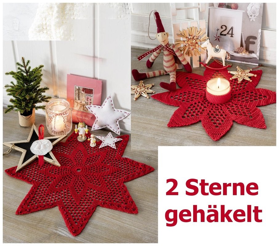 Zwei rote gehäkelte Sterne als Deckchen neben Kerzen und Weihnachtsdeko