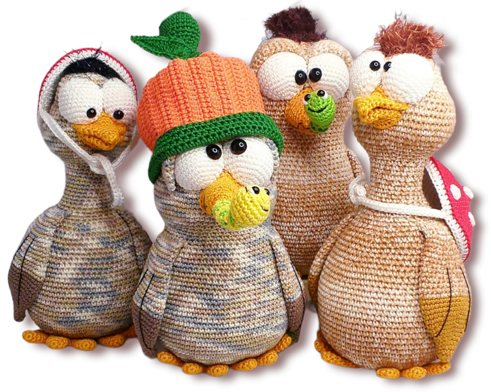 Four crocheted amigurumi birds showing accessory options: pumpkin hat, hood, tiny worms, and a polka-dot backpack