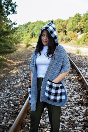 "Checkmate" crochet pocket scarf pattern with hoodie- 6 different sizes