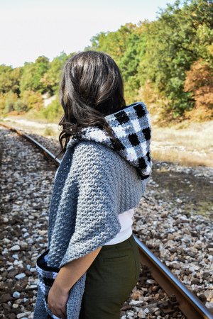"Checkmate" crochet pocket scarf pattern with hoodie- 6 different sizes