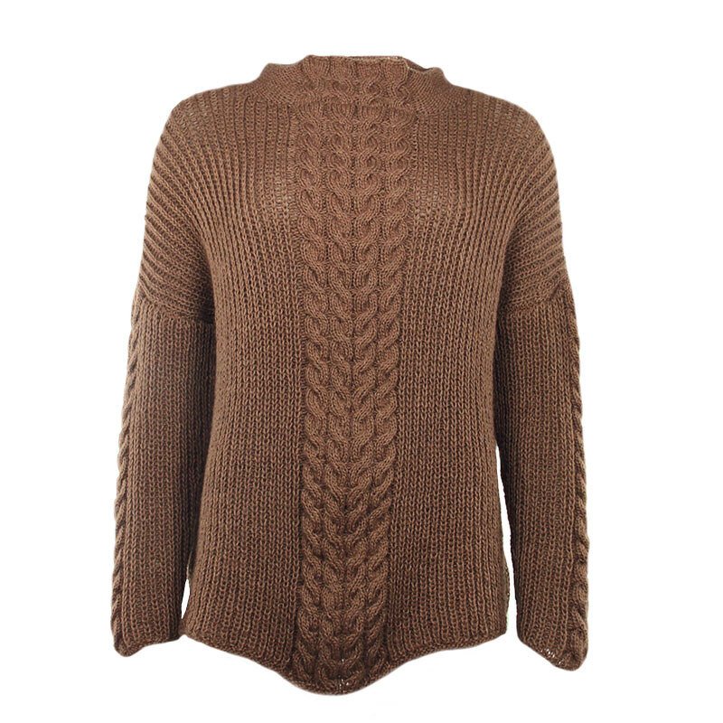 Brauner, grob gestrickter Damenpullover mit mittigem Zopfmuster und Stehkragen