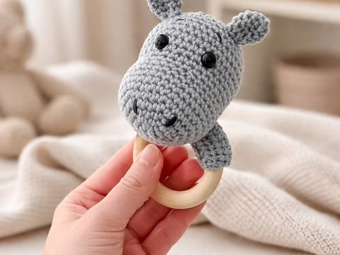 Crochet Pattern Hippo Rattle, crochet Babyrattle