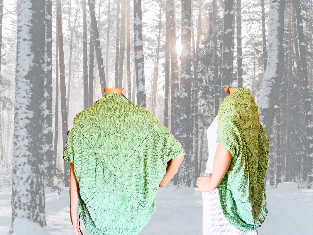 Hellgrüner gestrickter Seelenwärmer, Rückansicht und Seitenansicht vor winterlichem Waldhintergrund