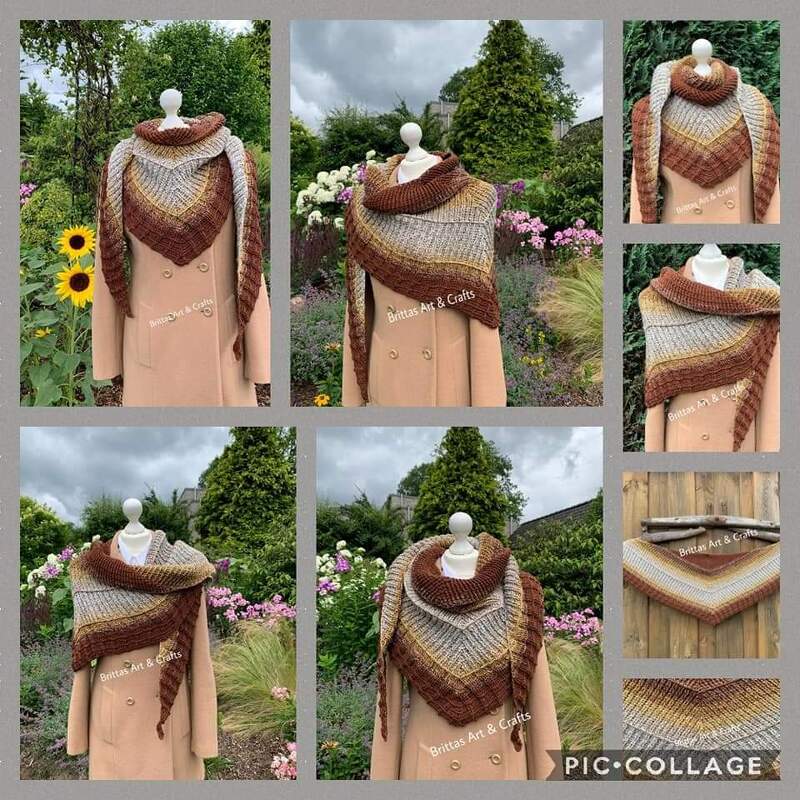 Collage eines gehäkelten Dreieckstuchs in Braun‑Gold‑Grau auf einer Schaufensterpuppe, in mehreren Ansichten vor Gartenhintergrund.