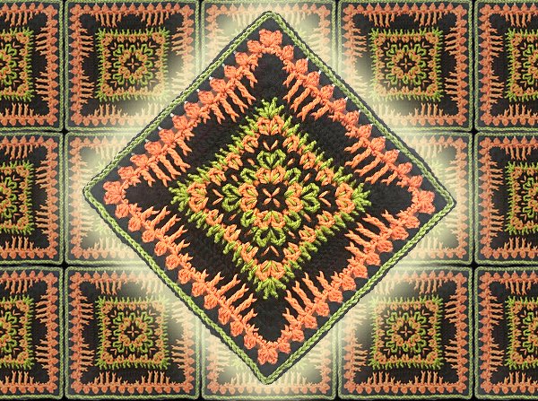 Diagonal liegendes Häkel-Granny-Square in Schwarz, leuchtendem Grün und Orange mit Rautenmuster