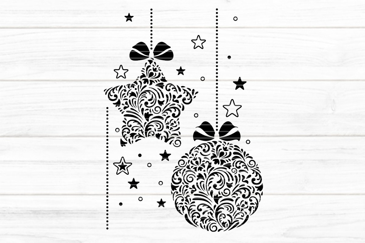 Schwarze, filigrane Weihnachtskugel und Stern mit Schleifen und punktierter Aufhängung