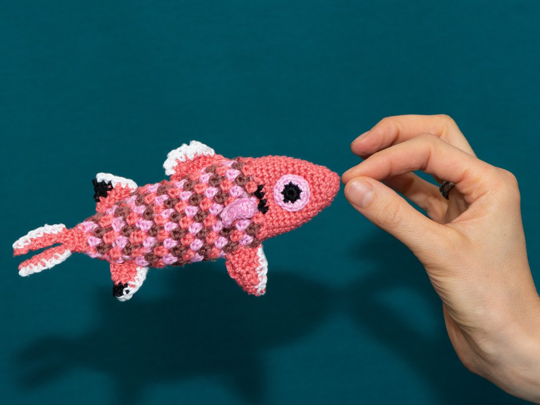 Hand holding a pink, brown and white crocheted amigurumi fish against a teal background.