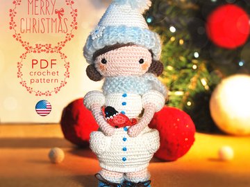 Christmas Crochet pattern Amigurumi doll SnowGirl with Red Bird
