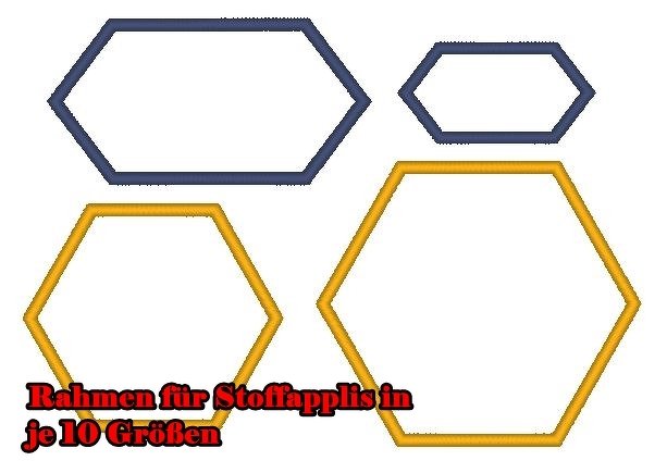 Vier sechseckige Rahmen in Gelb und Blau in unterschiedlichen Größen, roter Schriftzug 'Rahmen für Stoffapplis in je 10 Größen'.