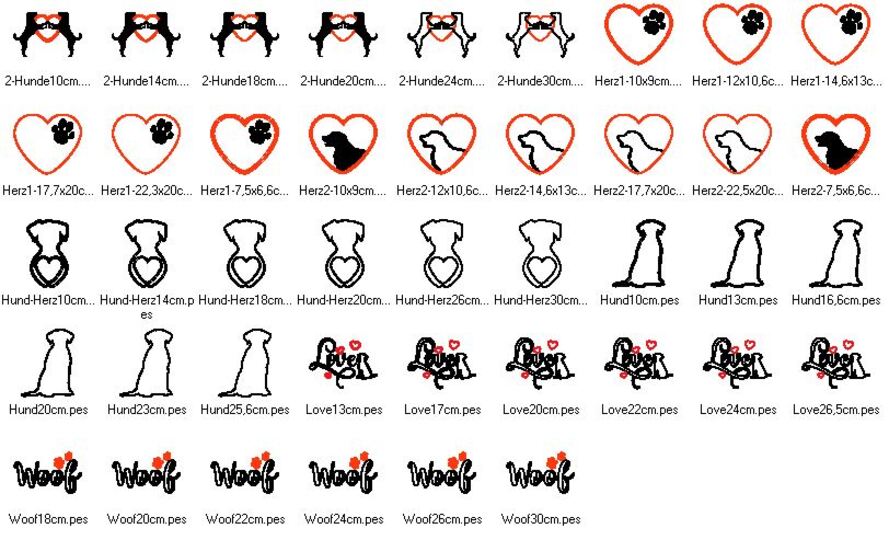 Hund Hunde Liebe Silhouette für Stoffapplikation Stickdatei Herz