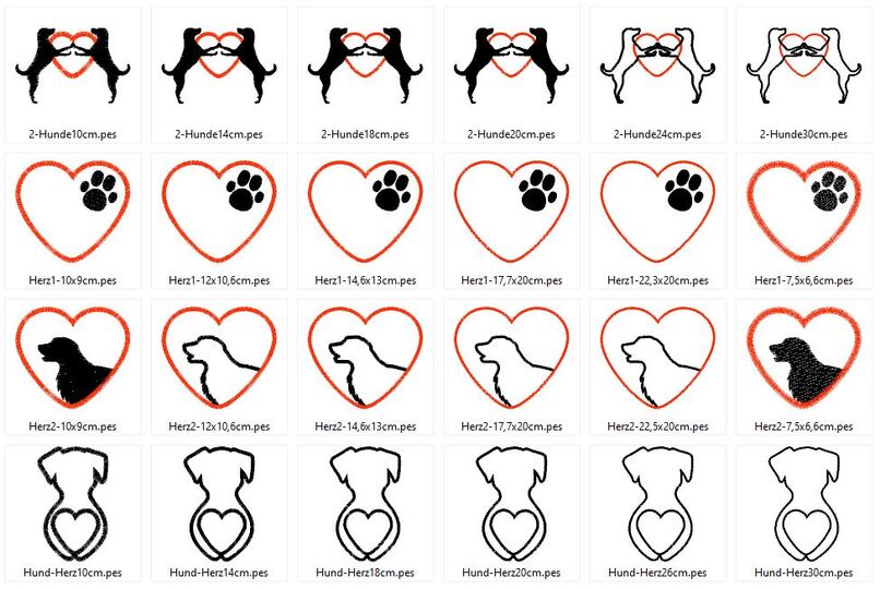 Hund Hunde Liebe Silhouette für Stoffapplikation Stickdatei Herz