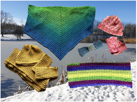 Häkelanleitung 6-teiliges Set "Frostig", Tuch/Loop/Schal/Mütze/Stulpen