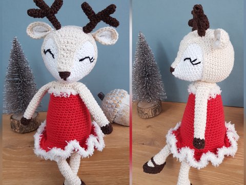 Häkelanleitung süßes Weihnachts-Reh in rotem Kleid