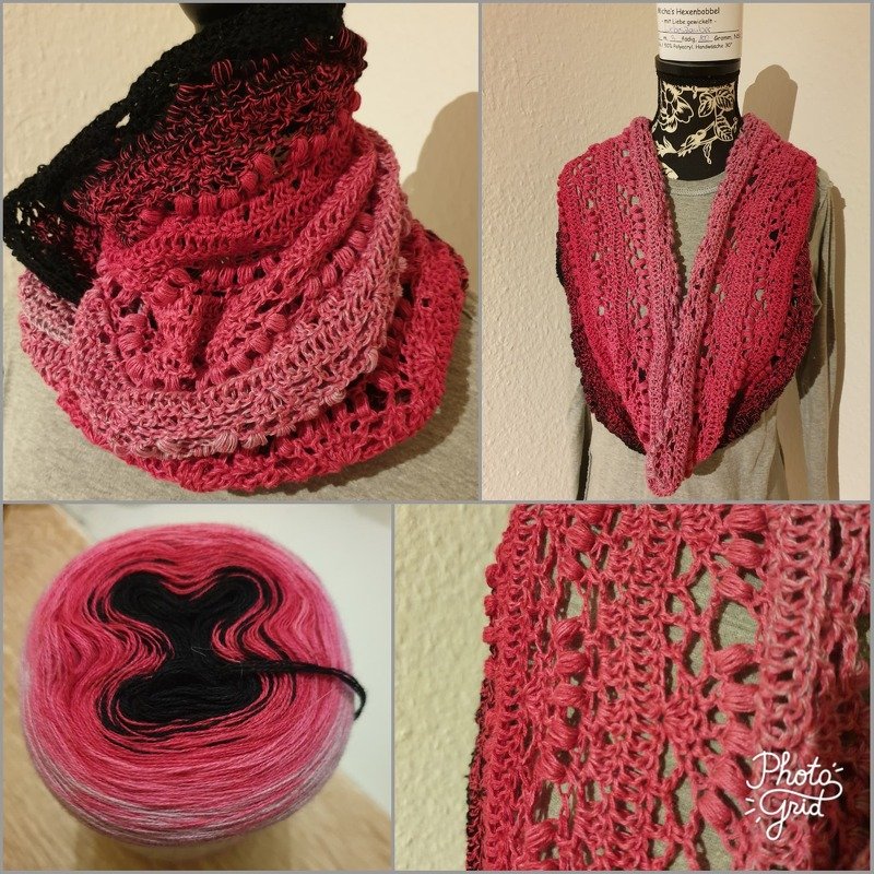 Collage: gehäkelter Loop in Rosa bis Schwarz; Garnkuchen und Maschendetail; Loop auf Schaufensterpuppe