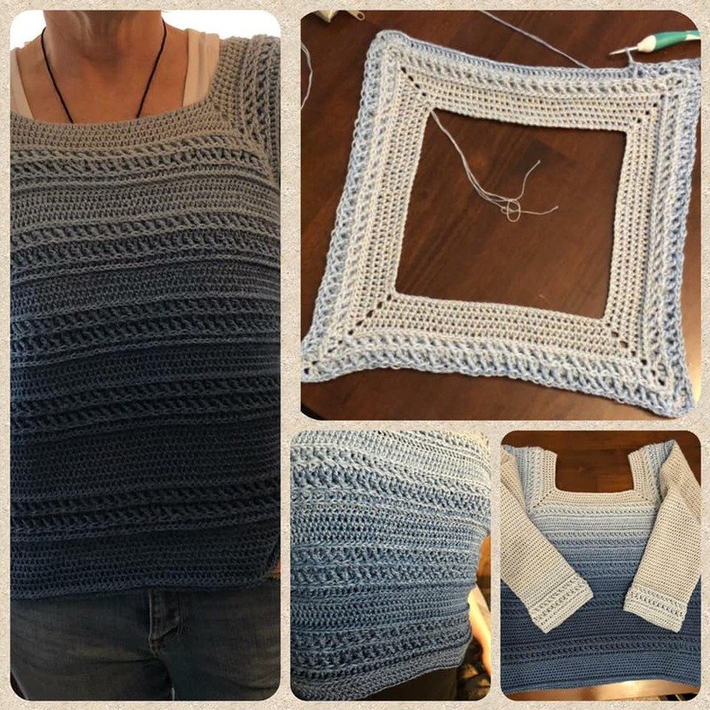 Collage mit vier Aufnahmen: Frau trägt gehäkeltes Ombre-Top, quadratische Passe in Arbeit, Nahaufnahme des Musters und fertiges Top mit Ärmeln.