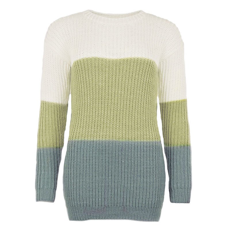 Damenpullover mit langen Ärmeln und Rundhalsausschnitt, horizontal gestreift in Weiß, Lindgrün und Graublau.