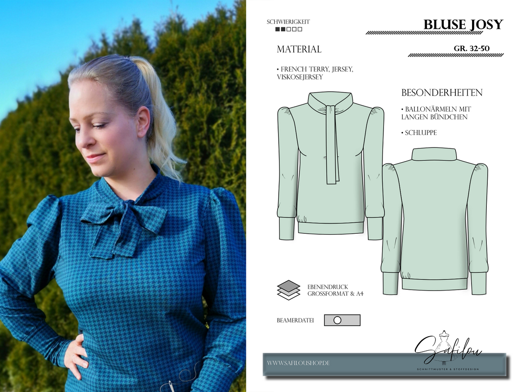 PDF-Schnittmuster Bluse Josy – Stilvolle Bluse mit Schluppe und Ballonärmel