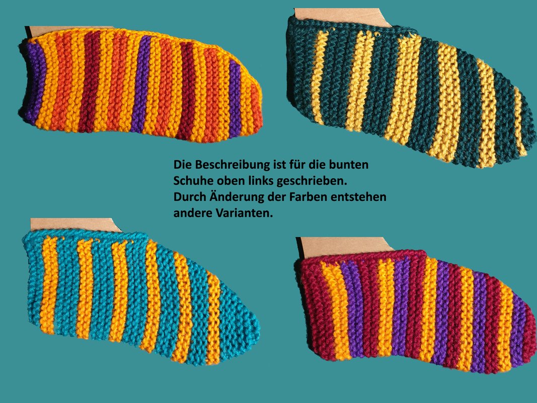 Vier gestreifte Strickpatschen auf türkisem Hintergrund mit erläuterndem Text in der Bildmitte