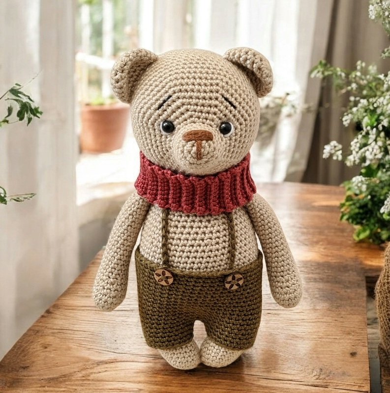 Beiger gehäkelter Teddybär mit geripptem dunkelrotem Schal und dunkler Latzhose auf Holztisch.