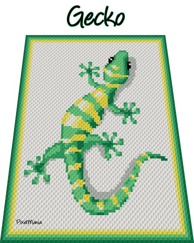 Pixelmuster eines grünen Geckos auf rechteckiger Häkeldecke mit gelb-grüner Bordüre