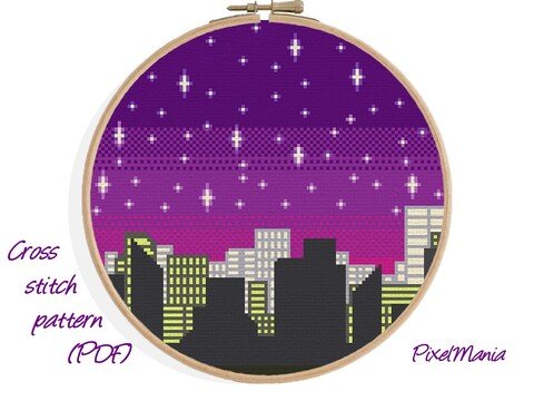 Kreuzstich * Stadt bei Nacht * Grafik für Stickbild