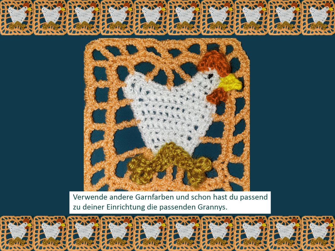 Gehäkeltes Quadrat mit weißem Hühnermotiv auf orangefarbenem Netzrahmen und kleiner Hühner-Bordüre