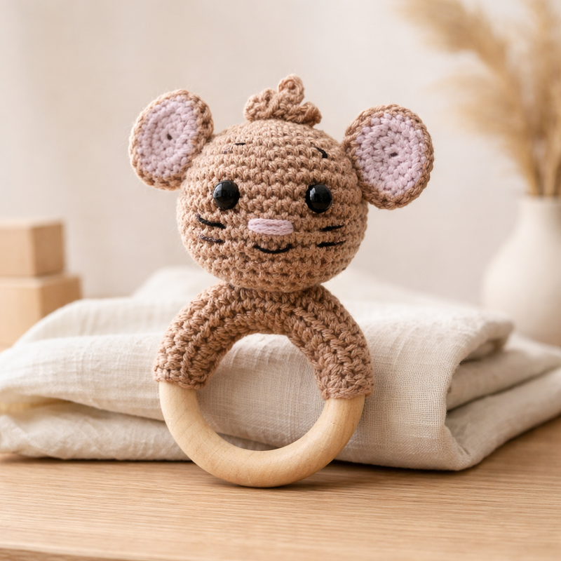 Gehäkelte Baby-Rassel in Form einer Maus mit hellem Holzring auf Stoffuntergrund