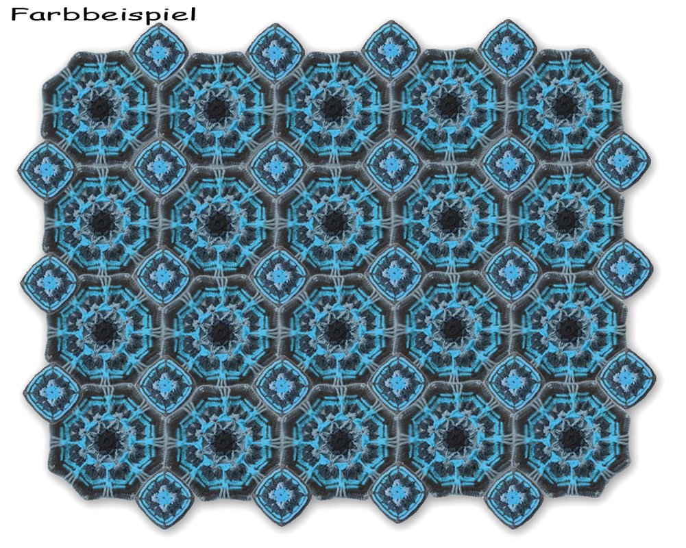 Gehäkelte Decke aus verbundenen Granny‑Motiven in Blau, Grau und Schwarz