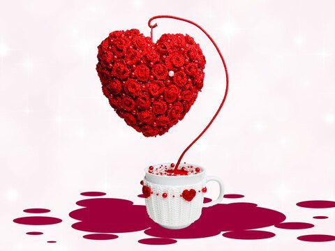 Süße Valentinstag-Tasse Herz und Rosen Häkelanleitung Amigurumi