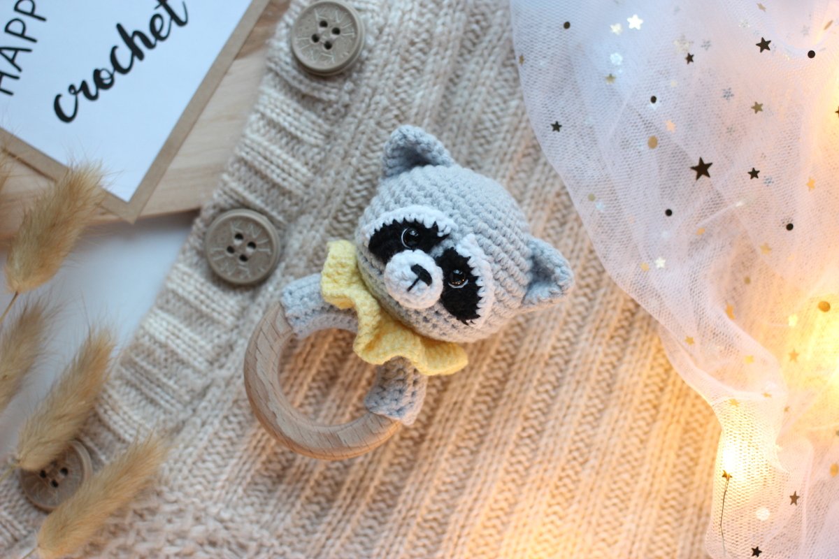 Crochet pattern baby rattle raccoon
