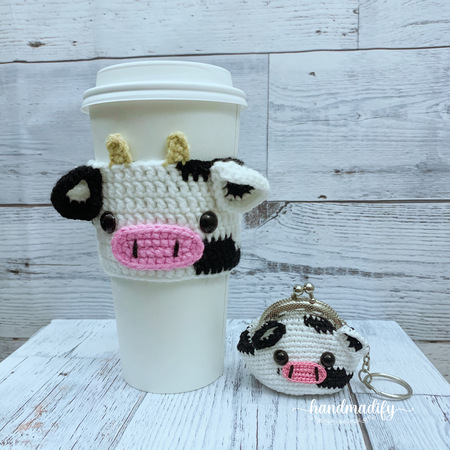 2 in 1- Cow Coffee Cozy - Cow Coin Purse , Crochet Pattern