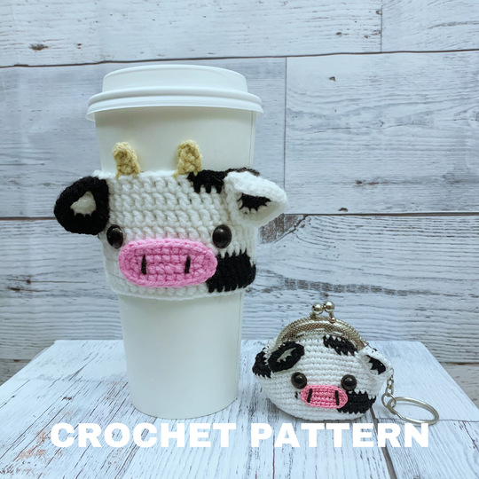 2 in 1- Cow Coffee Cozy - Cow Coin Purse , Crochet Pattern